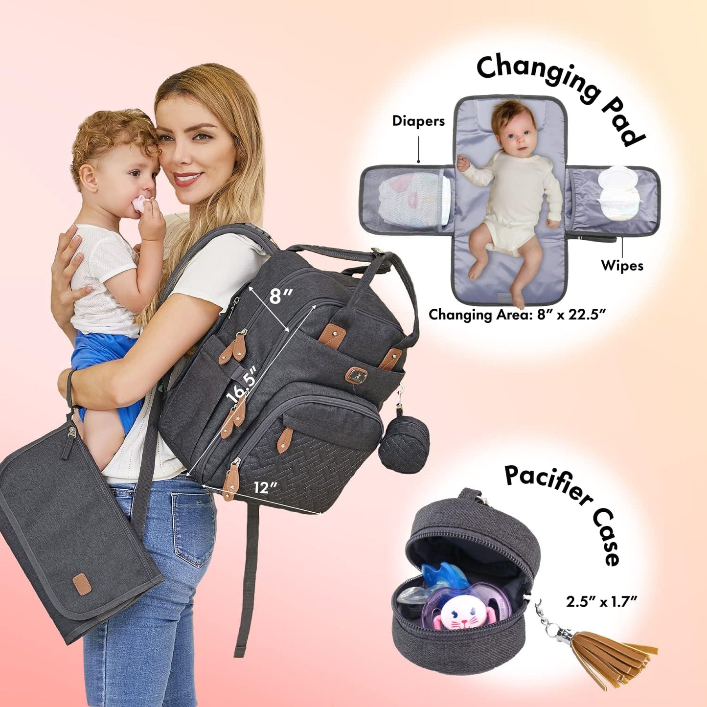 Dikaslon Large Nappy Backpack – All-in-One Baby Bag for Mum & Dad with Changing Mat, Pacifier Holder & Stroller Straps