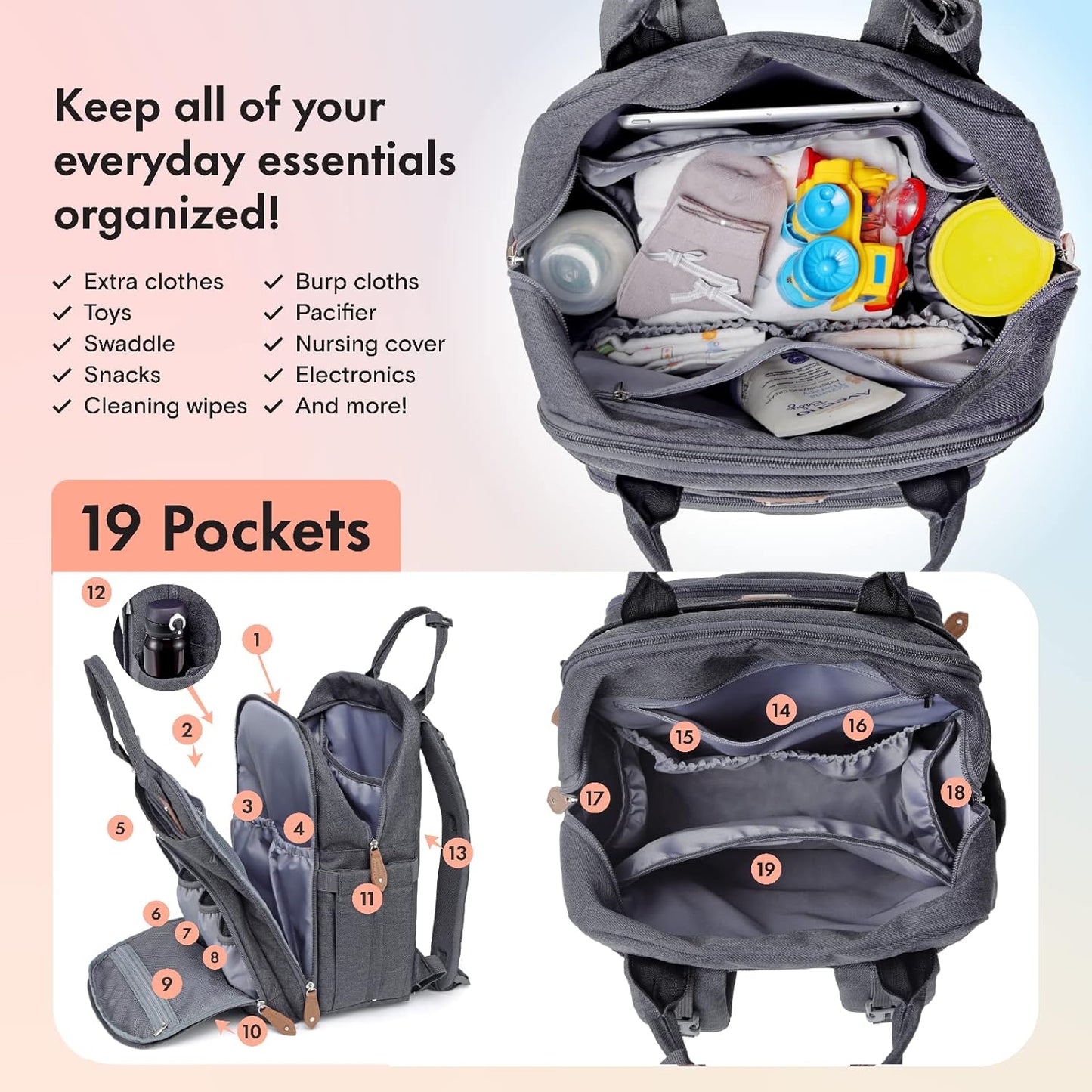 Dikaslon Large Nappy Backpack – All-in-One Baby Bag for Mum & Dad with Changing Mat, Pacifier Holder & Stroller Straps