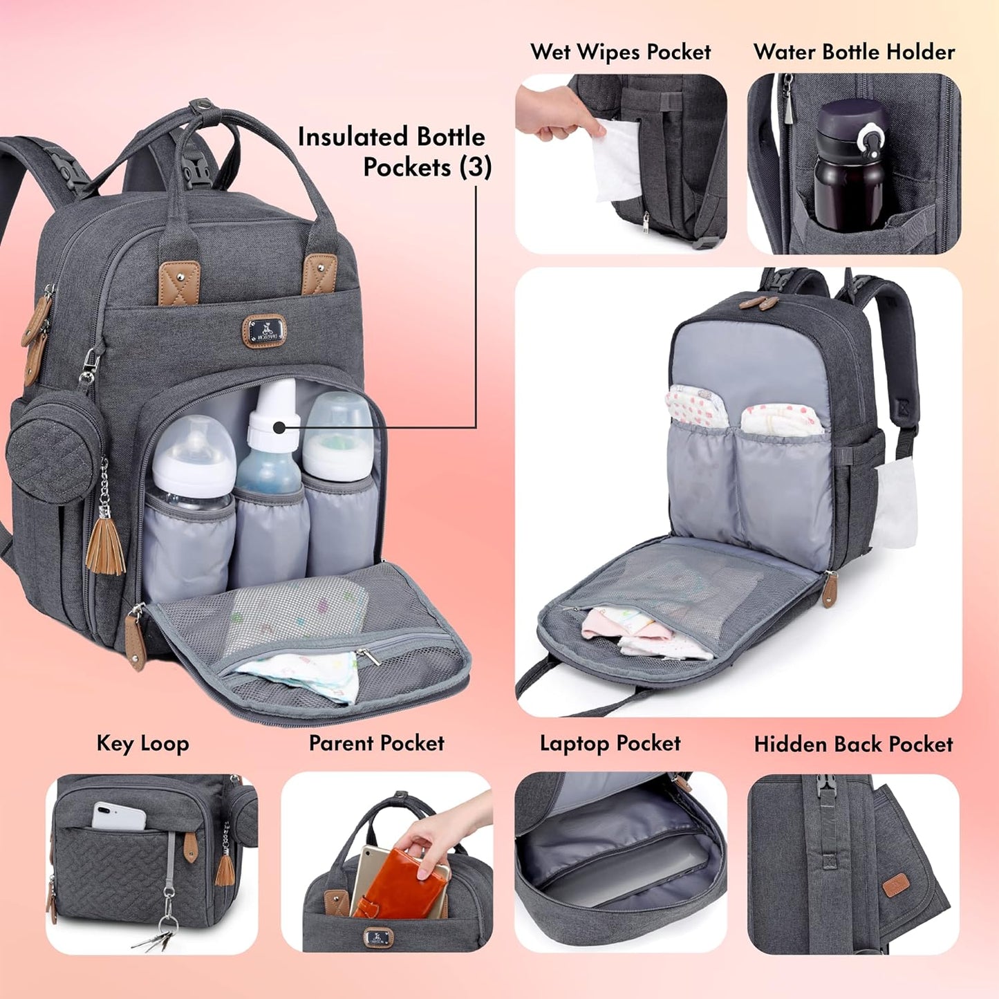 Dikaslon Large Nappy Backpack – All-in-One Baby Bag for Mum & Dad with Changing Mat, Pacifier Holder & Stroller Straps