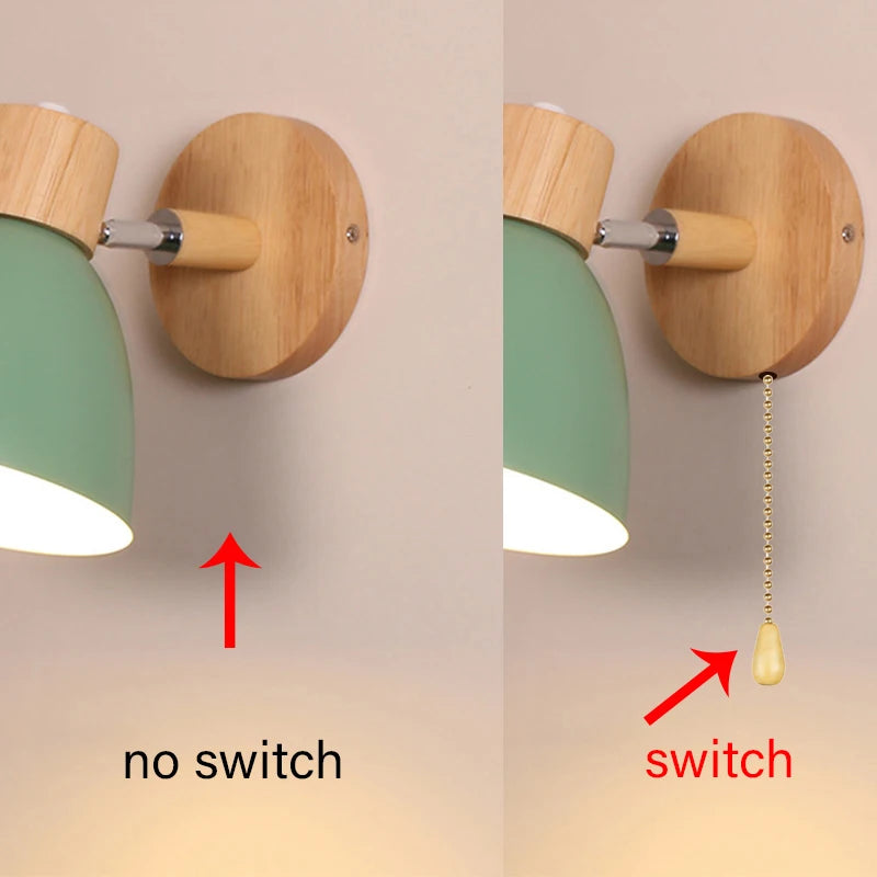 Wooden Nordic Wall Lamp with Switch Modern Wall Sconce for Bedroom Living Room Home Lighting Macaroon 6 Color Steering Head E27