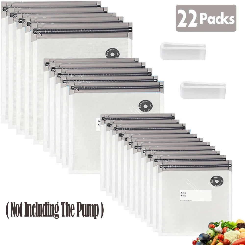 22Packs ( 20Pcs Vaccum Food Storage Bag and 2Pcs Sealing Clips) Packaging Bags, Reusable Clear Vacuum Food Storage Bag