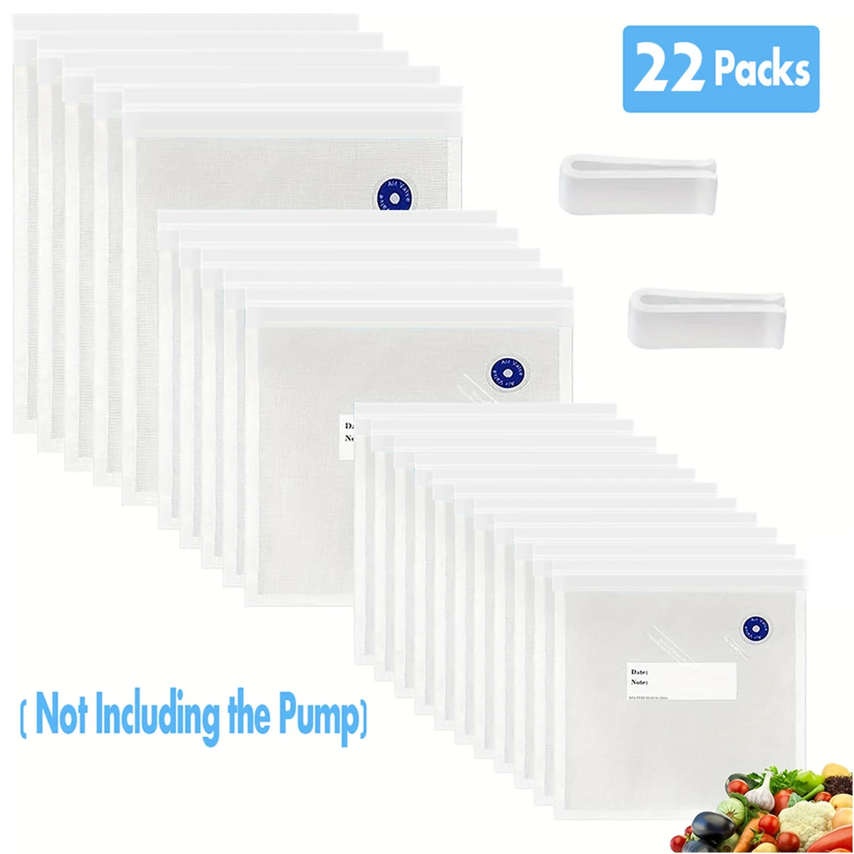 22Packs ( 20Pcs Vaccum Food Storage Bag and 2Pcs Sealing Clips) Packaging Bags, Reusable Clear Vacuum Food Storage Bag