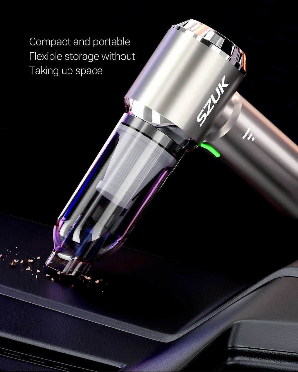SZUK vacuum cleaner head on a dark background with text about compactness and portability.