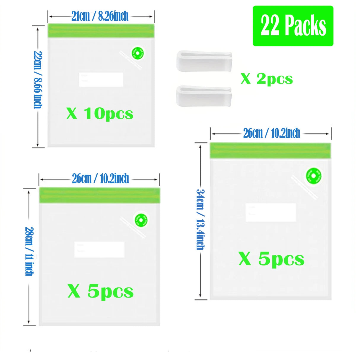 22Packs ( 20Pcs Vaccum Food Storage Bag and 2Pcs Sealing Clips) Packaging Bags, Reusable Clear Vacuum Food Storage Bag
