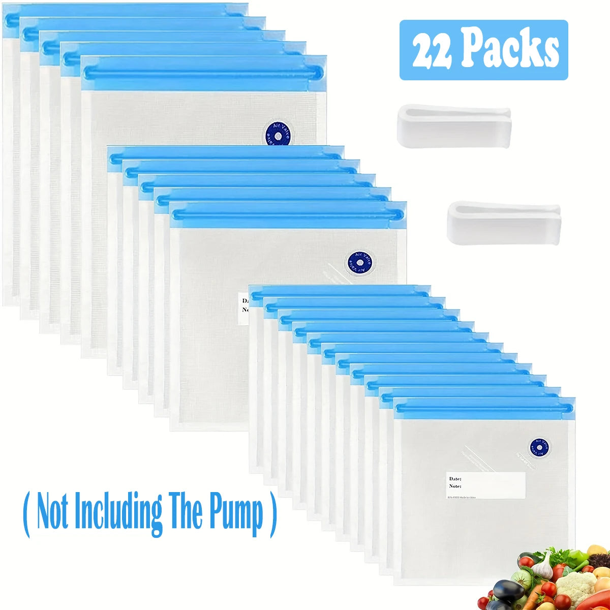 22Packs ( 20Pcs Vaccum Food Storage Bag and 2Pcs Sealing Clips) Packaging Bags, Reusable Clear Vacuum Food Storage Bag