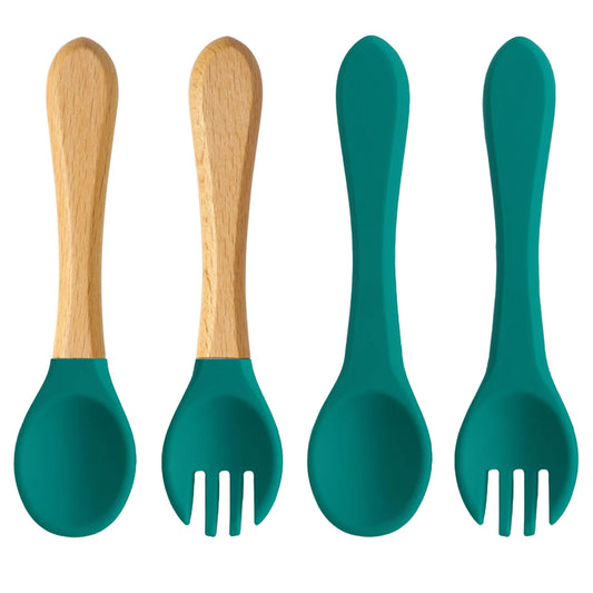 Color Kids 4PCS Silicone Baby Feeding Spoon Fork Set BPA Free Wood Handle Training Utensils for Infants Newborn Accessories