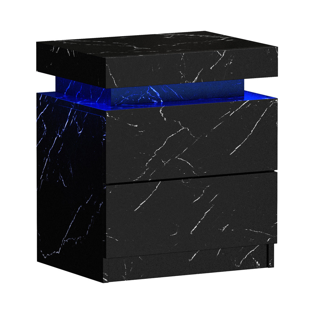 Black Marble Effect Bedside Table with 2 Drawers and LED Nightstand