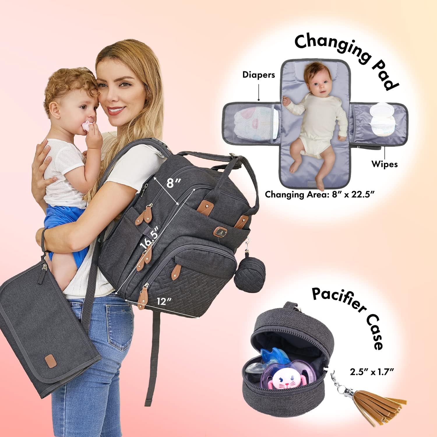 Dikaslon Large Nappy Backpack – All-in-One Baby Bag for Mum & Dad with Changing Mat, Pacifier Holder & Stroller Straps
