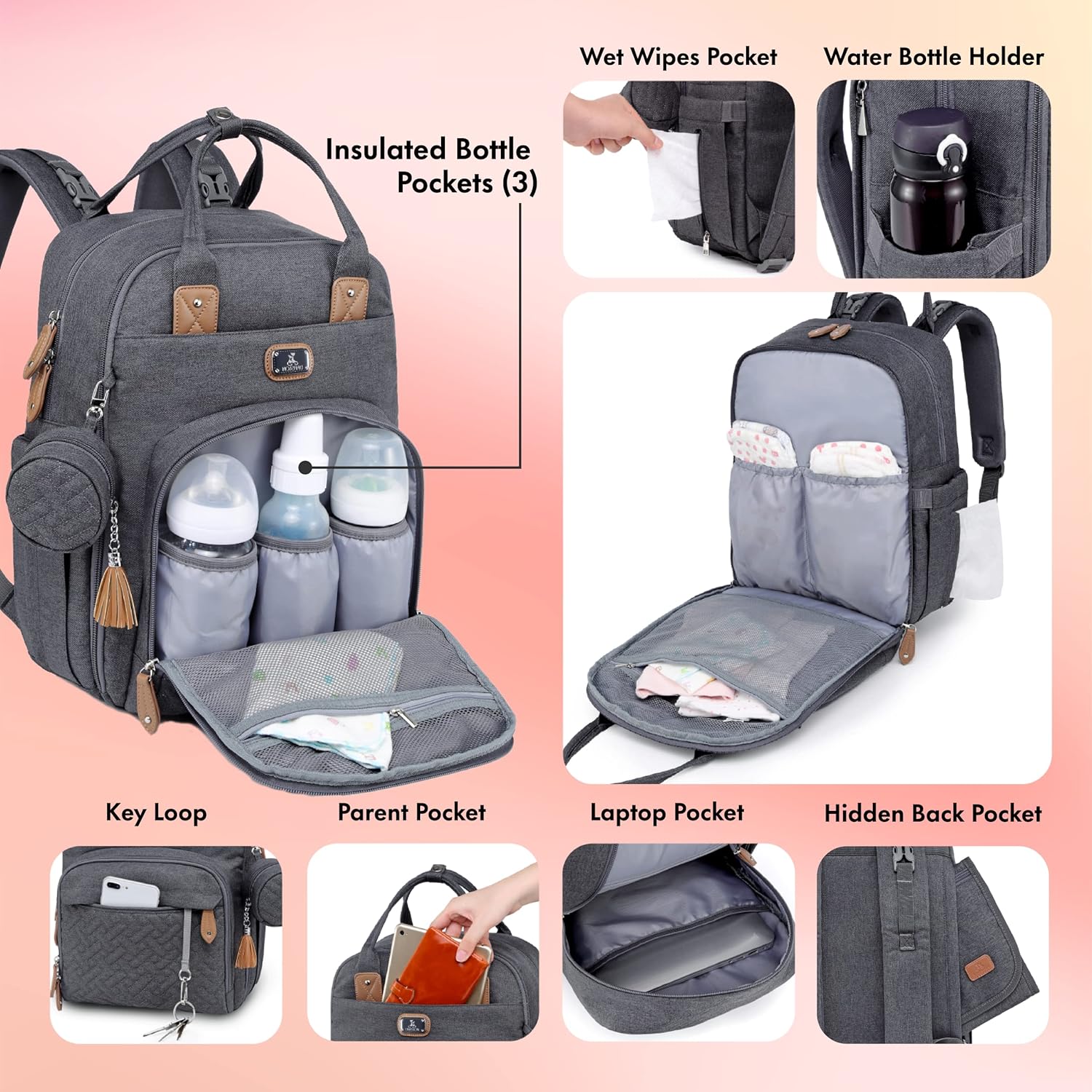 Dikaslon Large Nappy Backpack – All-in-One Baby Bag for Mum & Dad with Changing Mat, Pacifier Holder & Stroller Straps