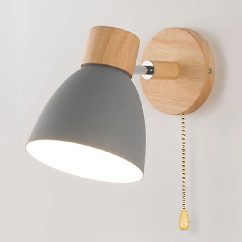 Wooden Nordic Wall Lamp with Switch Modern Wall Sconce for Bedroom Living Room Home Lighting Macaroon 6 Color Steering Head E27