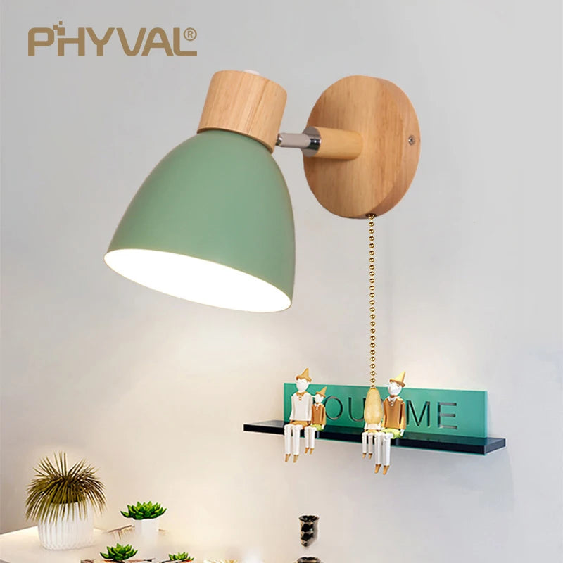 Wooden Nordic Wall Lamp with Switch Modern Wall Sconce for Bedroom Living Room Home Lighting Macaroon 6 Color Steering Head E27