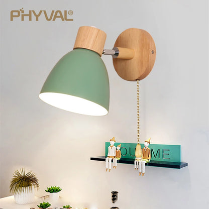 Wooden Nordic Wall Lamp with Switch Modern Wall Sconce for Bedroom Living Room Home Lighting Macaroon 6 Color Steering Head E27