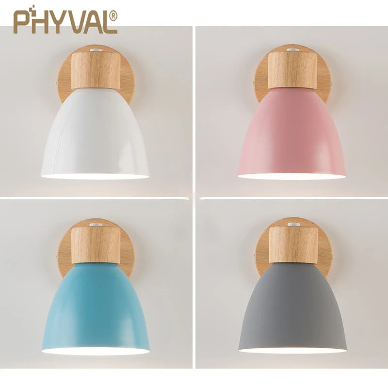 Wooden Nordic Wall Lamp with Switch Modern Wall Sconce for Bedroom Living Room Home Lighting Macaroon 6 Color Steering Head E27