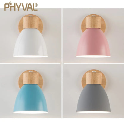 Wooden Nordic Wall Lamp with Switch Modern Wall Sconce for Bedroom Living Room Home Lighting Macaroon 6 Color Steering Head E27