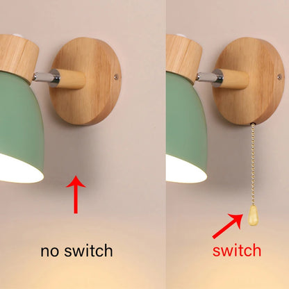 Wooden Nordic Wall Lamp with Switch Modern Wall Sconce for Bedroom Living Room Home Lighting Macaroon 6 Color Steering Head E27