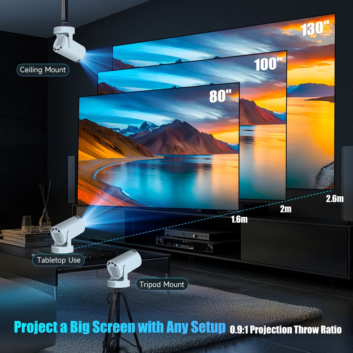 4K HY300 Pro + Projector Built in 5W Speaker 1280*720P Android 11 8000 Lumens Wifi6 BT5.4 Outdoor Portable Projector