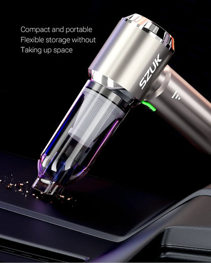 SZUK vacuum cleaner head on a dark background with text about compactness and portability.