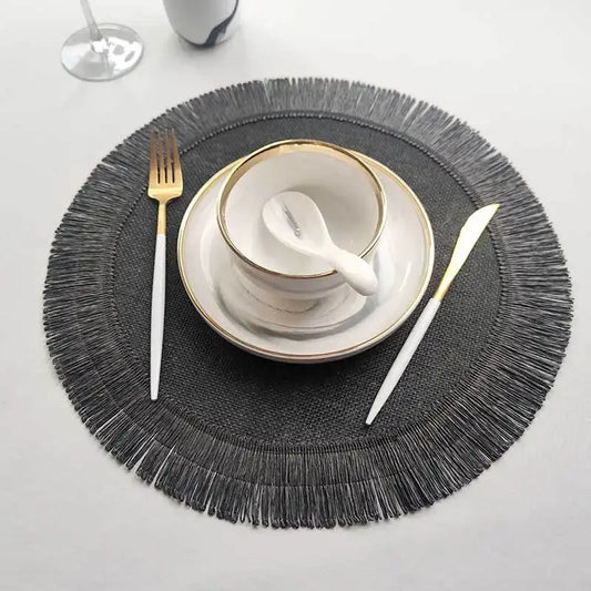 Round Braided Placemats Fringe Paper Table Mats Hand Woven Non-Slip Insulation Place Mats Tea Cup Pad Dining Table Decorations