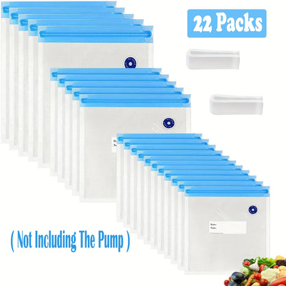 22Packs ( 20Pcs Vaccum Food Storage Bag and 2Pcs Sealing Clips) Packaging Bags, Reusable Clear Vacuum Food Storage Bag