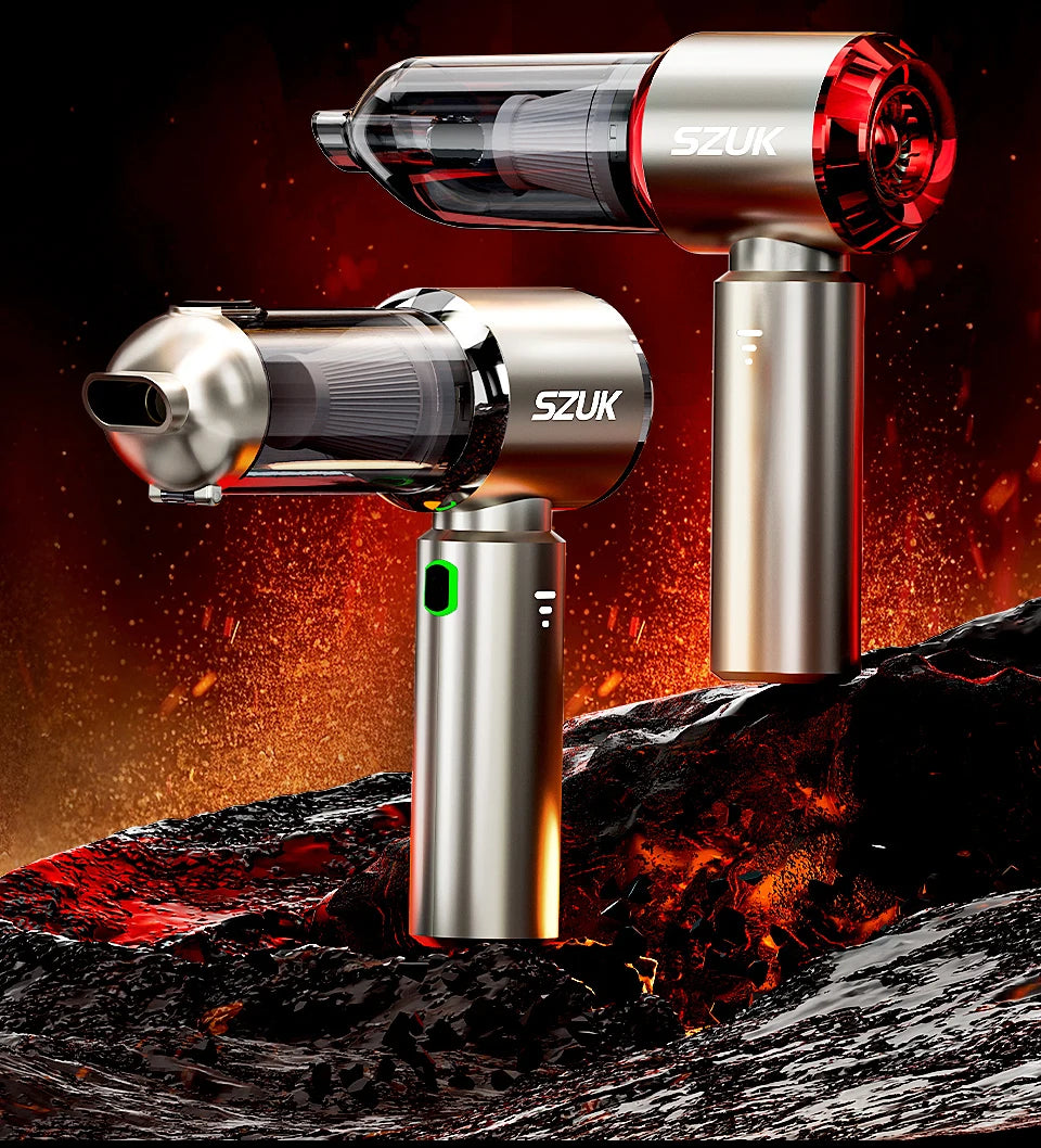 Two SZUK handheld tools on a fiery background